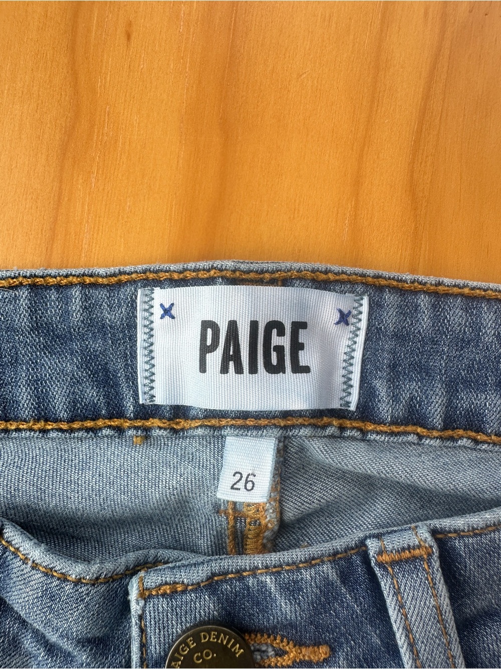 PAIGE Light Blue Denim Jeans with Gold Stitching
